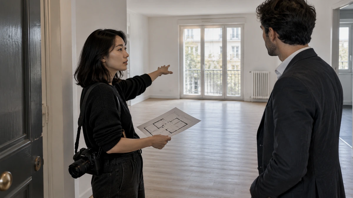 Deux personnes discutent près d’une fenêtre avec des documents de préparation immobilière.
