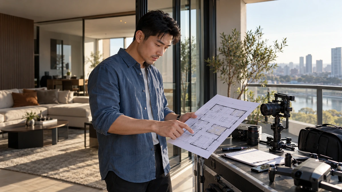 Une personne consulte un plan de logement à l’intérieur d’un appartement.
