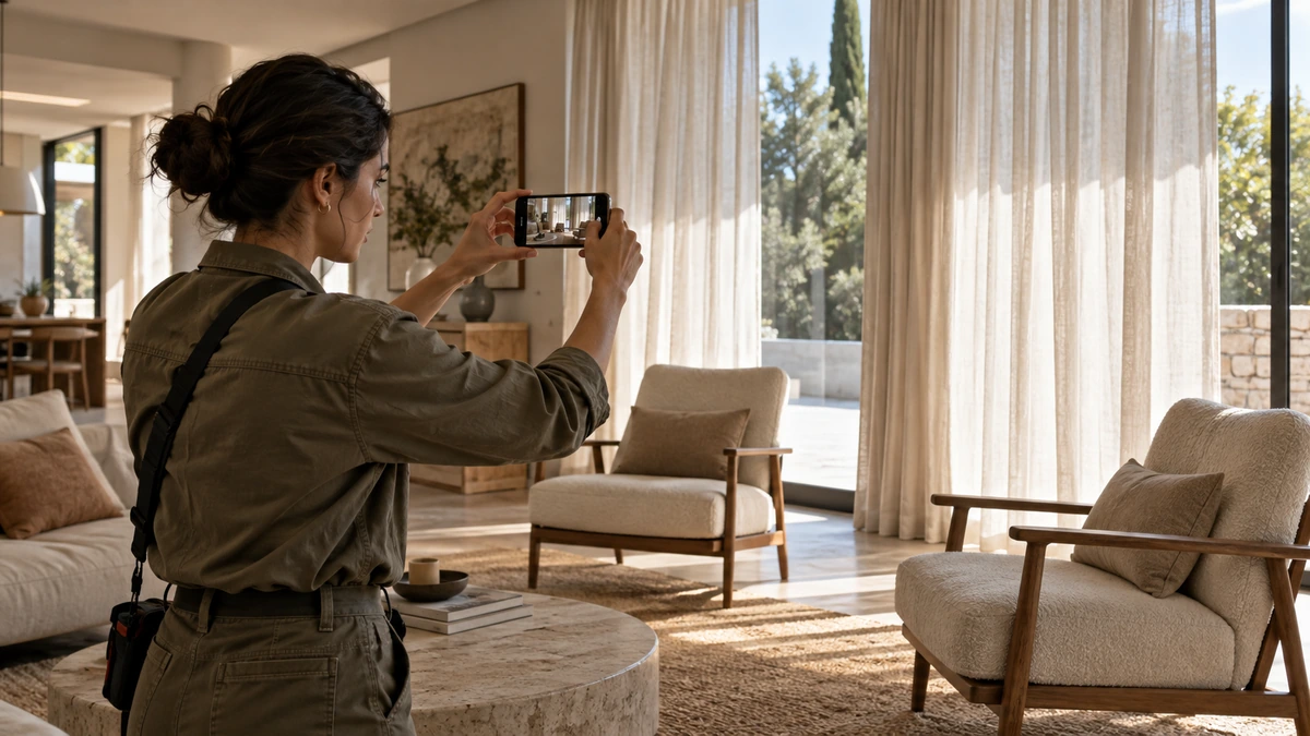 Une personne photographie l’état d’une pièce et de ses rideaux avec un téléphone.
