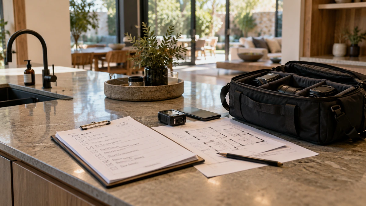 Une checklist et des plans de logement sont disposés sur un comptoir.
