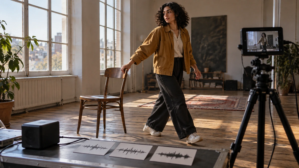 Une artiste déplace une chaise pendant qu’une caméra prépare le cadre.