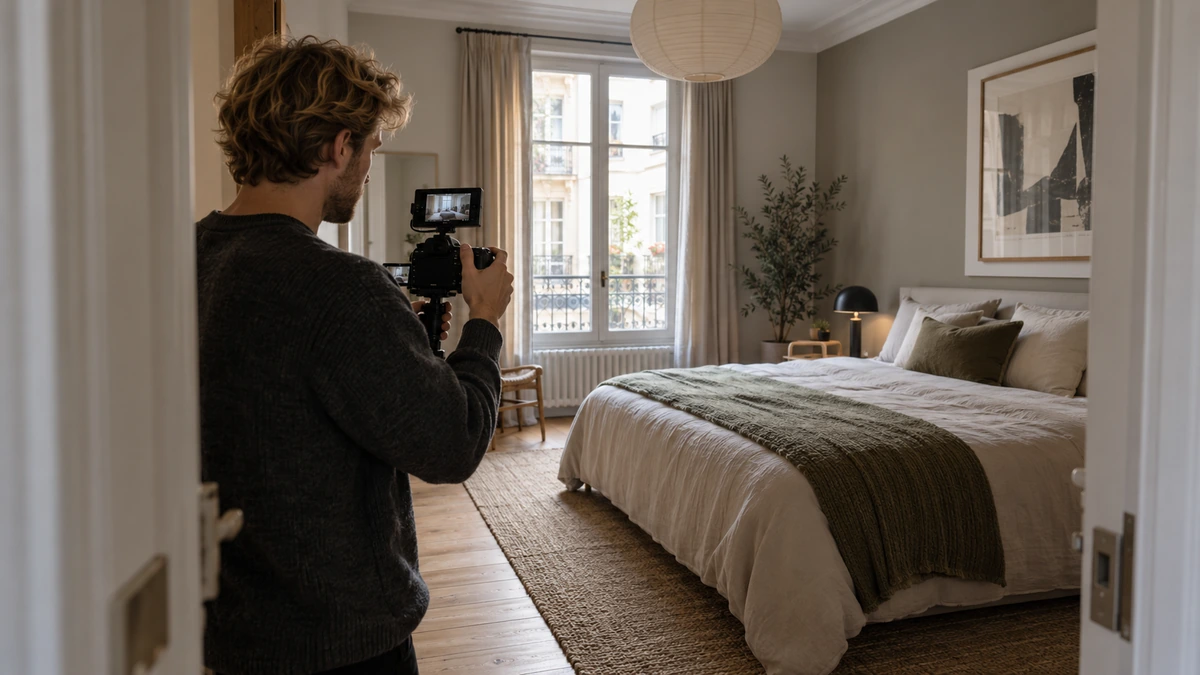 Une personne compare son cadre en filmant une chambre depuis son entrée.