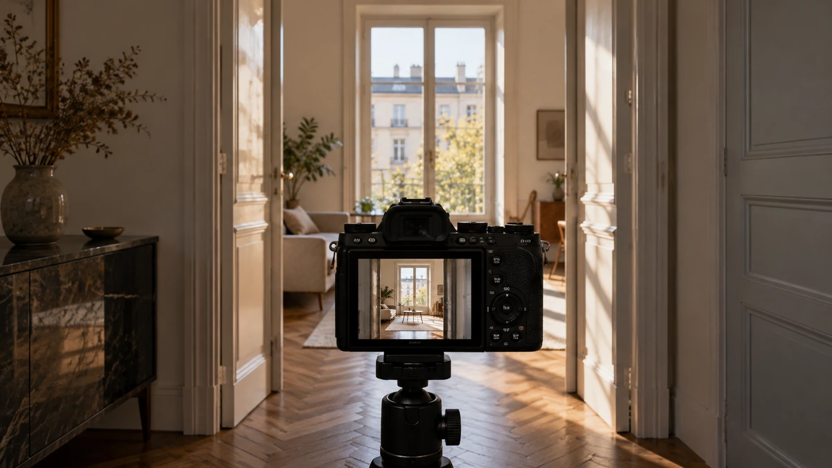 Un appareil sur trépied cadre une porte et les lignes d’un intérieur.