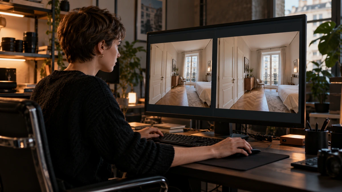 Un créateur compare deux versions du cadrage d’un intérieur sur son écran.