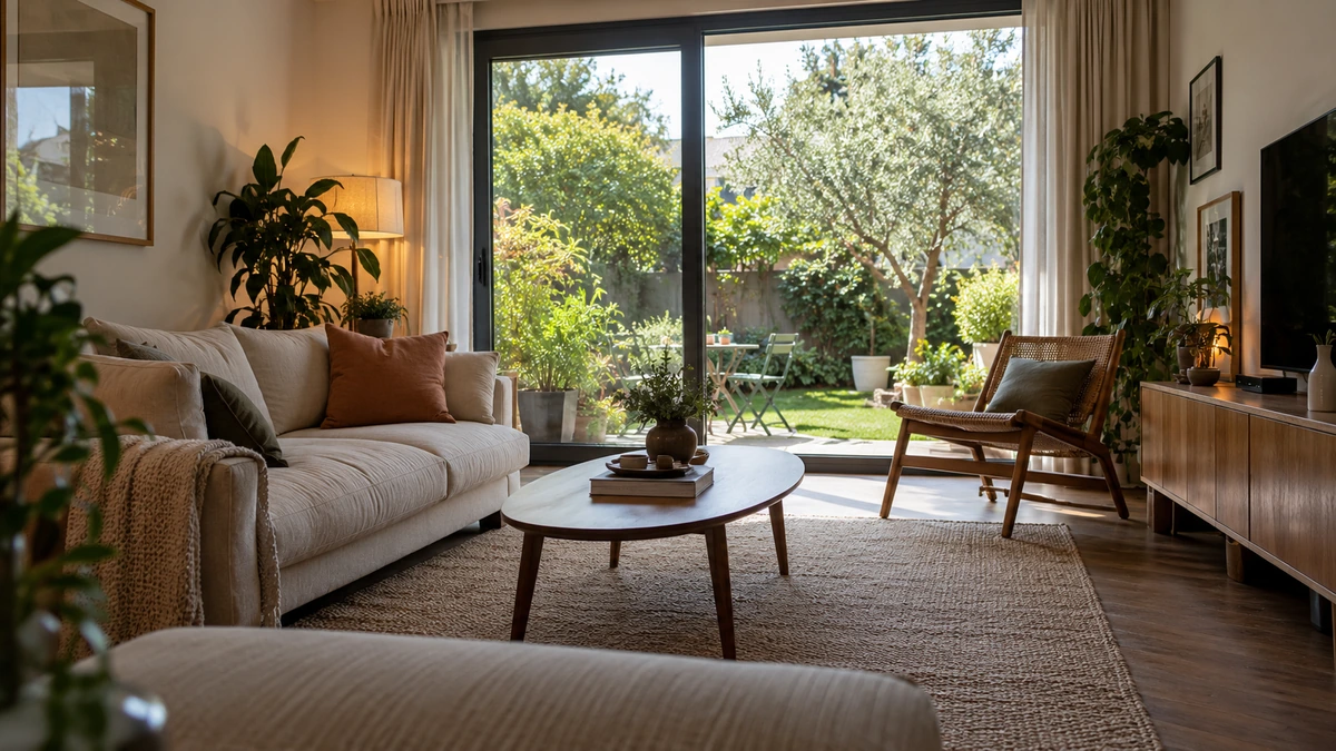 Un salon et sa vue sur un jardin sont visibles à travers une grande baie.