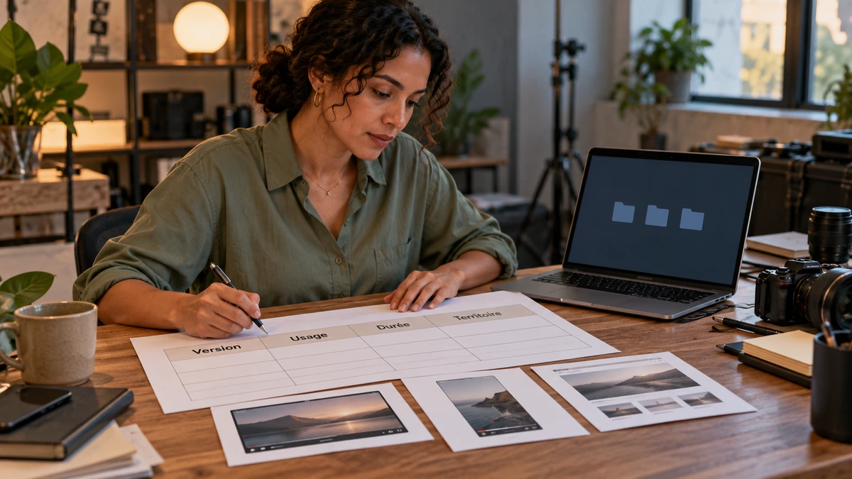 Une personne examine des contrats près d’un ordinateur affichant des médias.