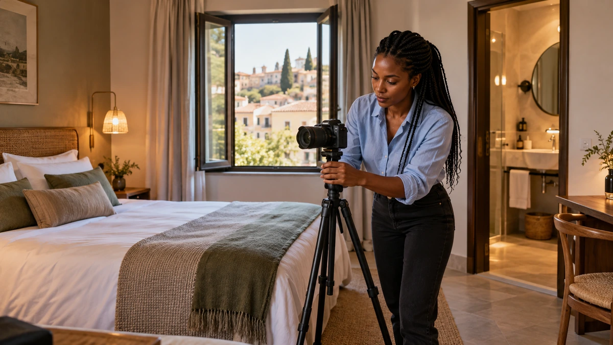 Une personne filme une chambre d’hébergement avec une caméra stabilisée.