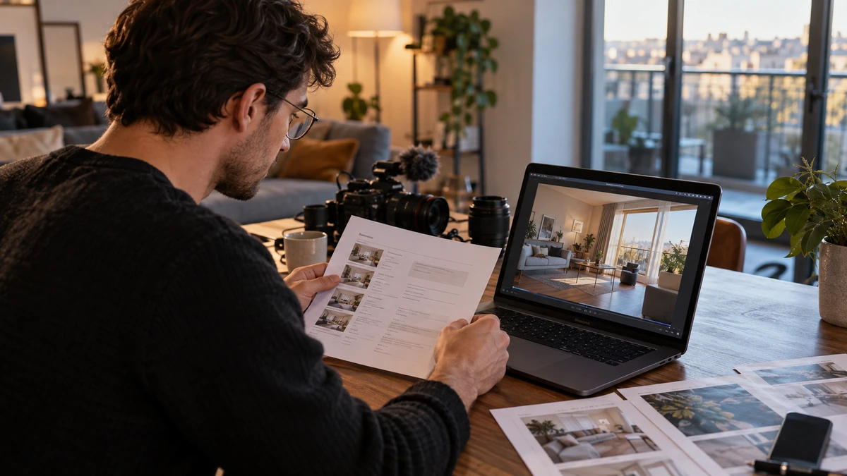Une personne compare une fiche de textes et les images d’un appartement sur ordinateur.