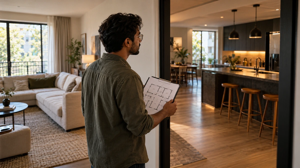 Une personne vérifie un plan dans un appartement avant le tournage.