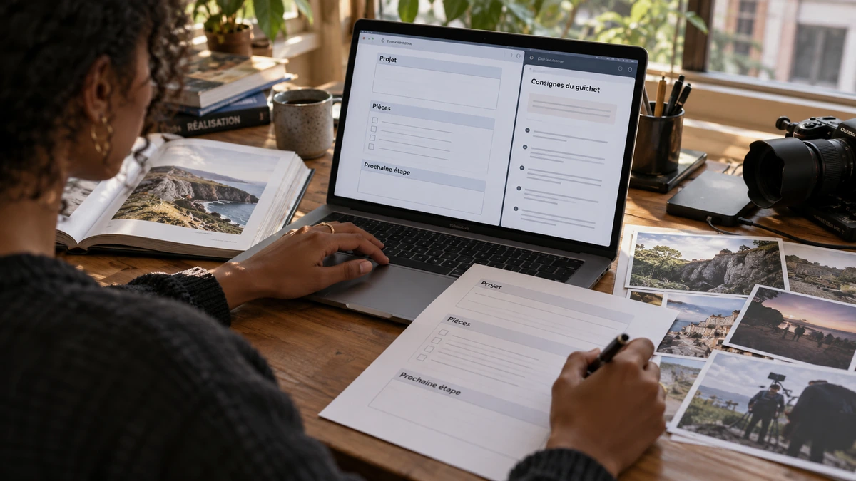 Une productrice consulte des documents imprimés et un formulaire sur son ordinateur.