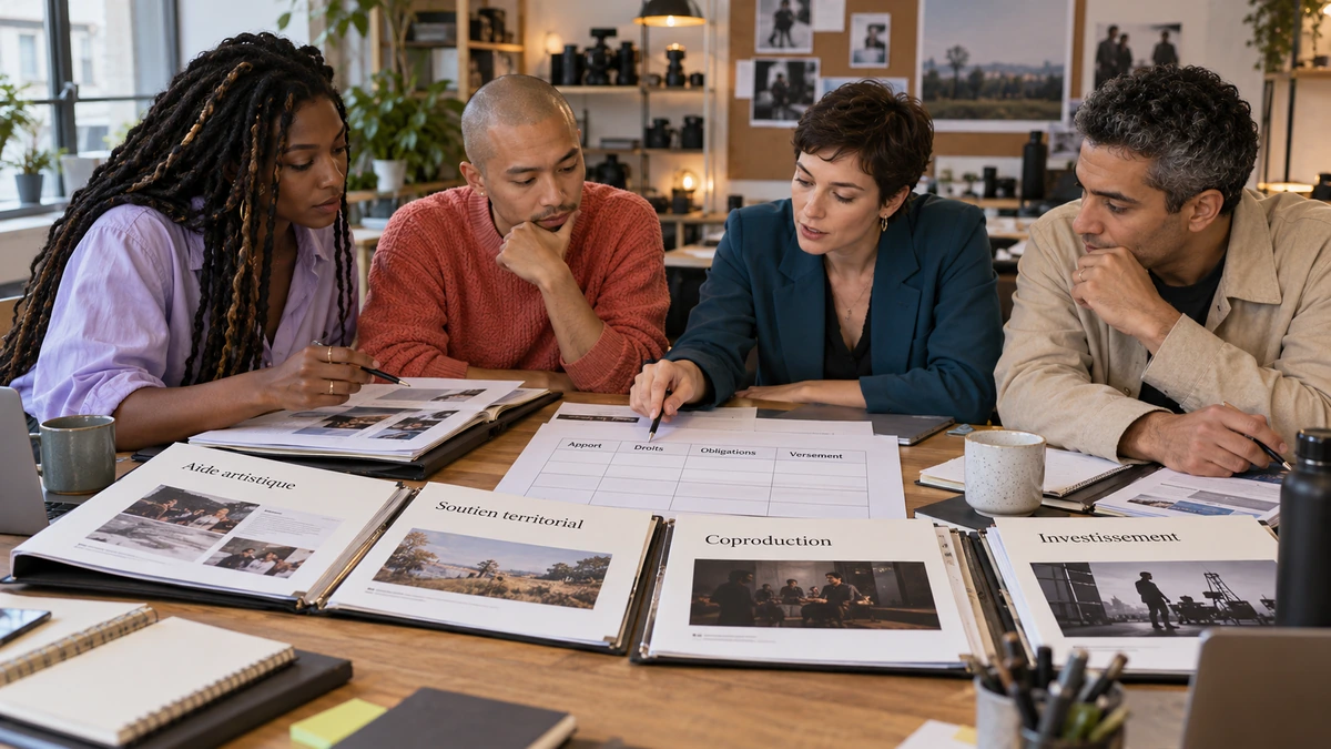 Quatre personnes comparent des documents de production et leurs apports autour d’une table.