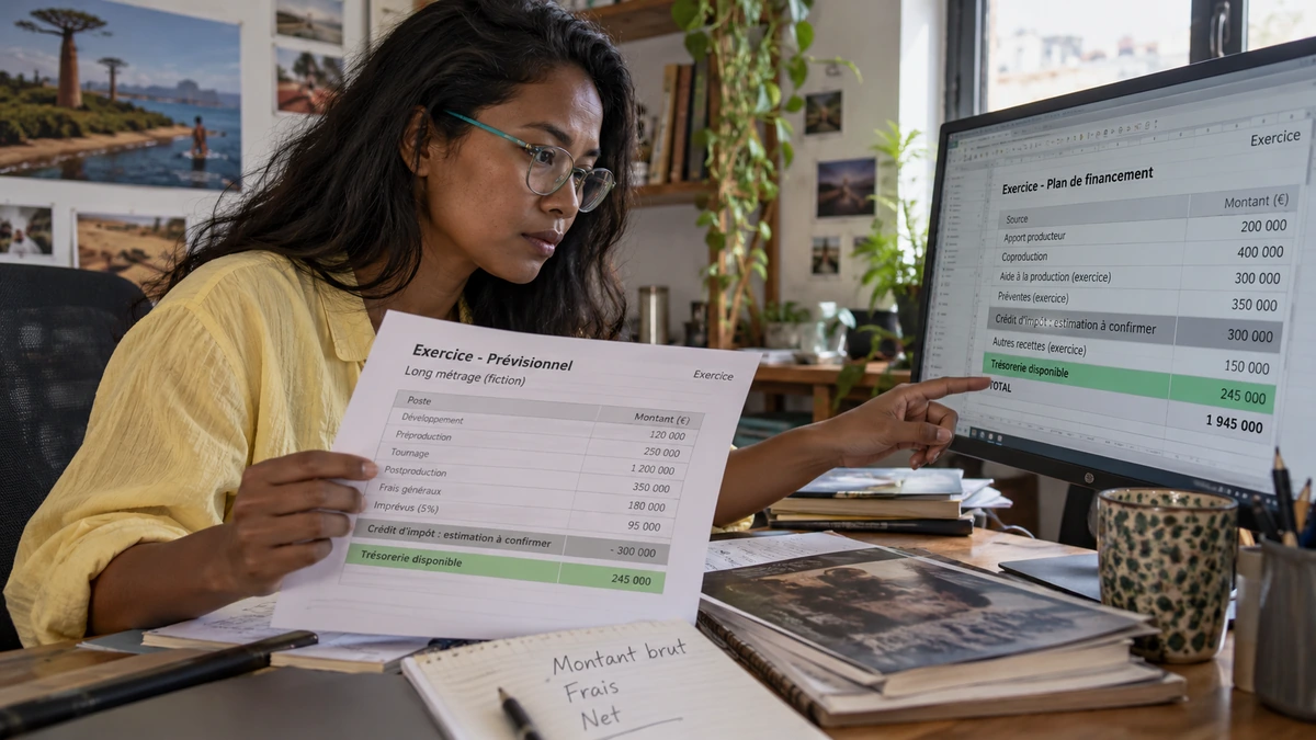 Une personne compare un plan de financement et un dossier sur ordinateur.