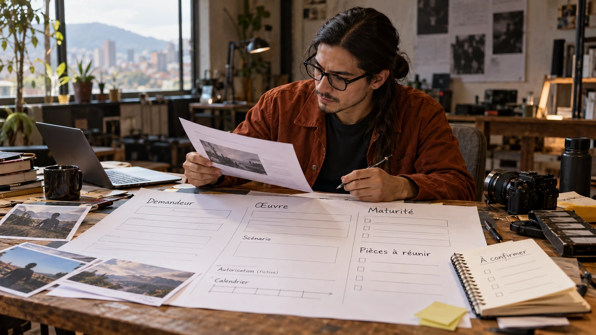 Une personne prépare une fiche projet et compare plusieurs documents de financement.