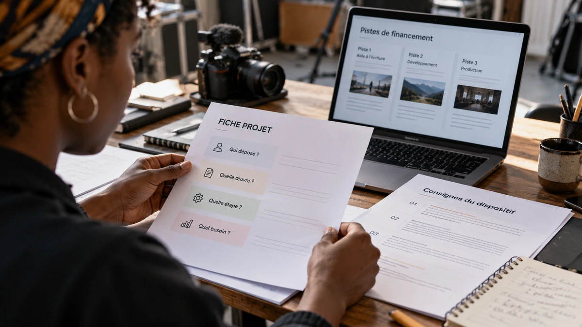 Une personne compare des pistes de financement et leurs documents sur papier et ordinateur.