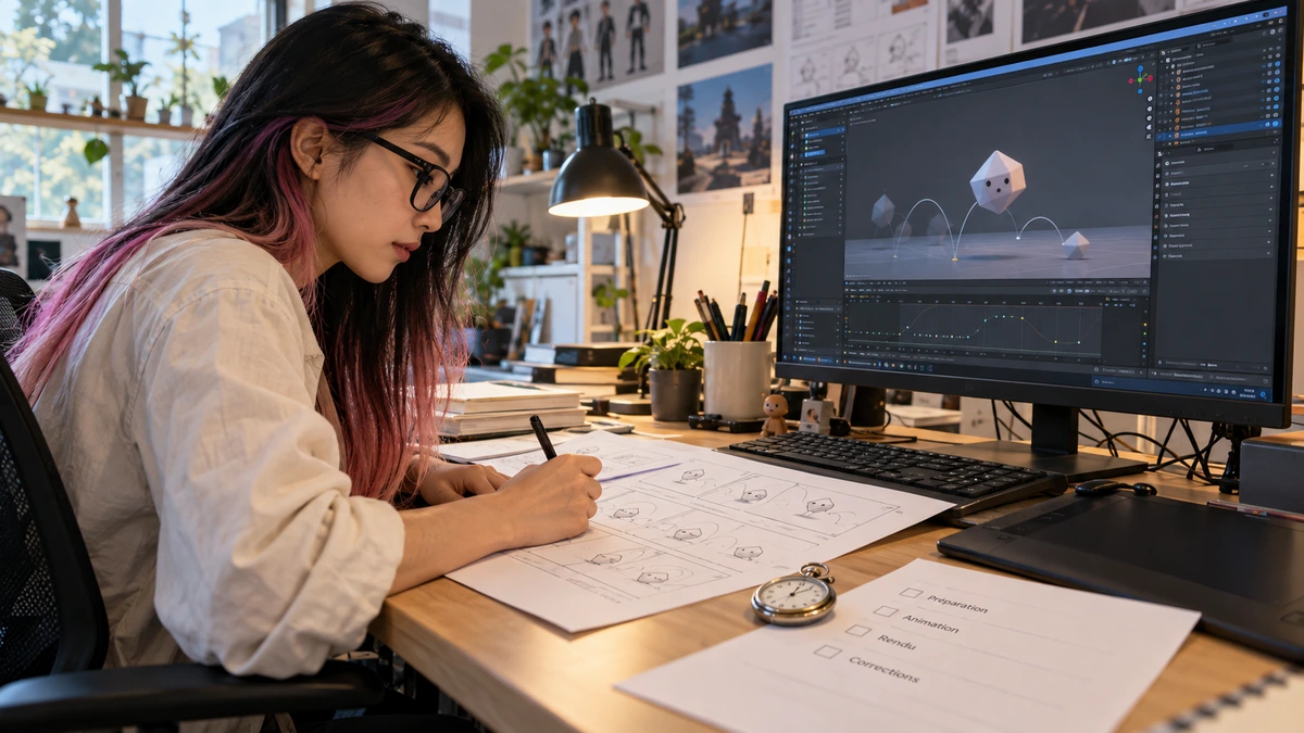 Une créatrice prépare une animation numérique avec des dessins et une timeline.