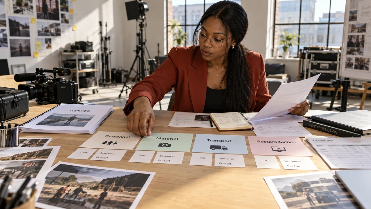 Une productrice organise les postes et les hypothèses du budget sur sa table.