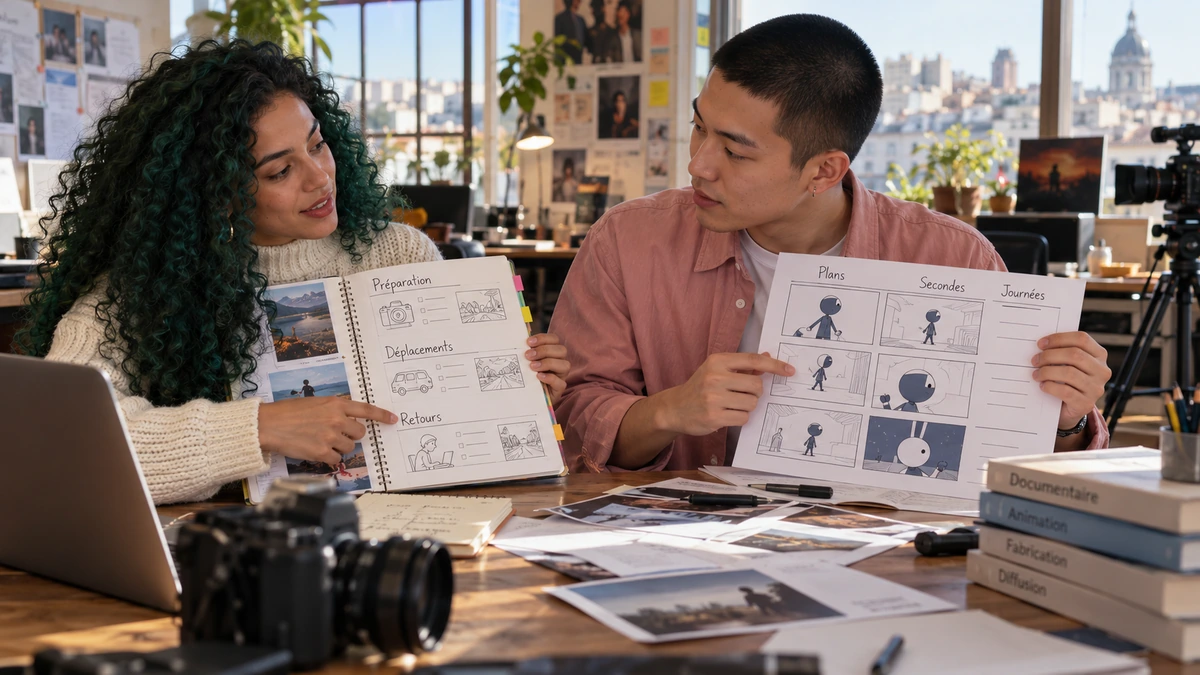 Deux créateurs comparent des dessins de poses et les étapes d’une animation.