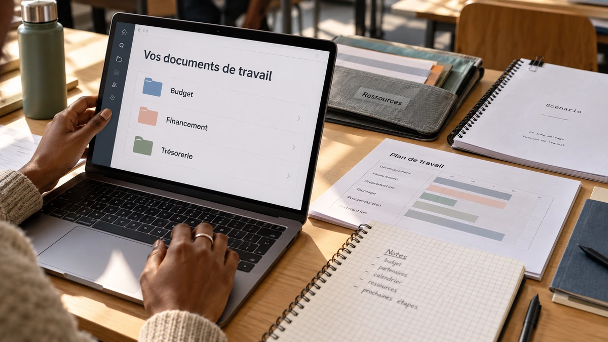 Un ordinateur et des documents imprimés réunissent les pièces d’un dossier de film.