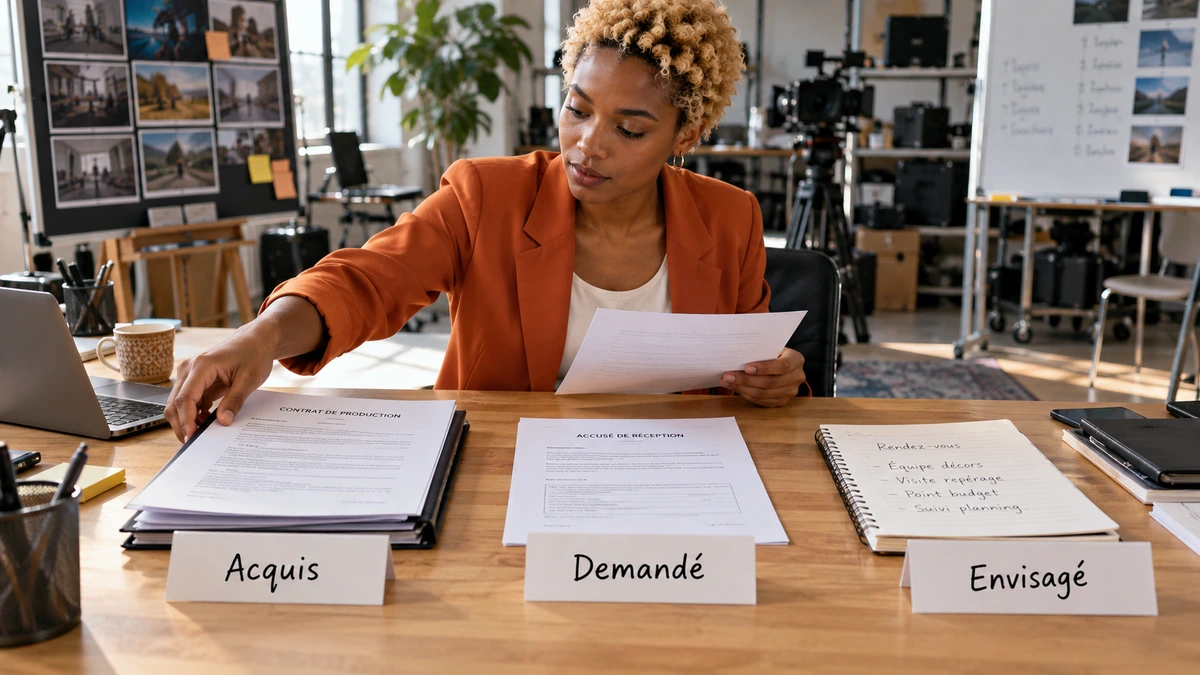 Une personne classe des documents entre acquis, demandé et envisagé.