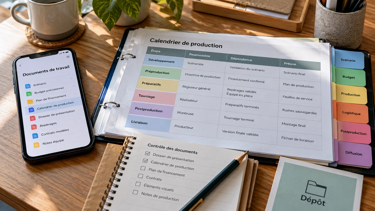 Un calendrier de production et une liste d’échéances sont préparés sur papier et téléphone.