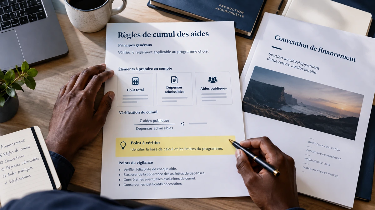 Des mains rapprochent règles de financement et contraintes de fabrication dans des documents.
