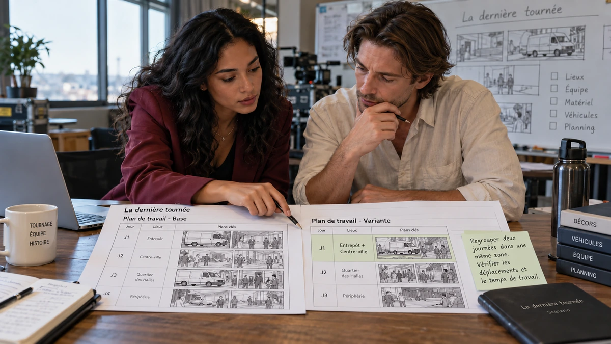 Deux personnes comparent les moyens envisagés et les images de préparation du film.