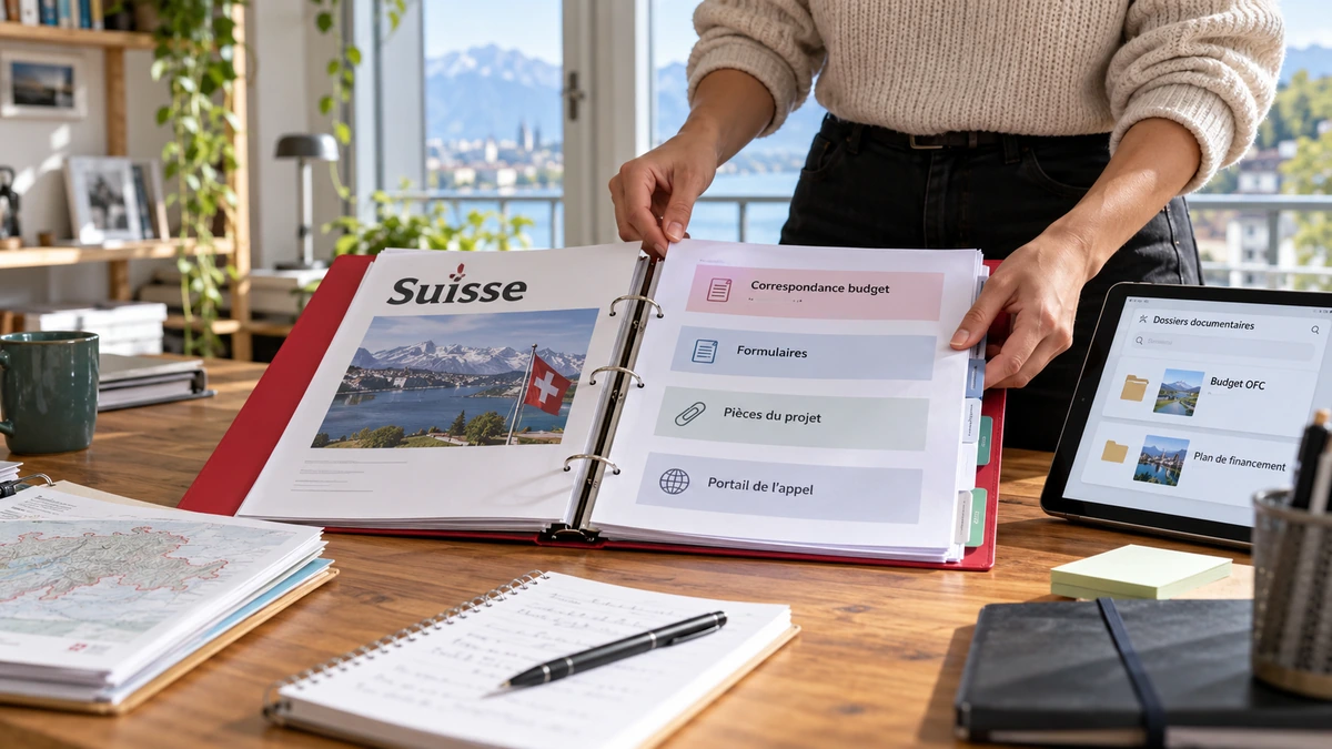 Des documents sur la Suisse et des fiches de financement sont préparés sur une table.