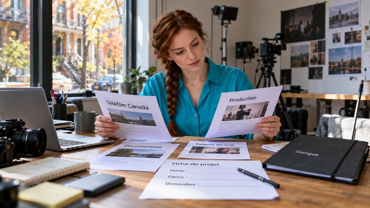 Une productrice compare un dossier de film et des informations sur Téléfilm Canada.