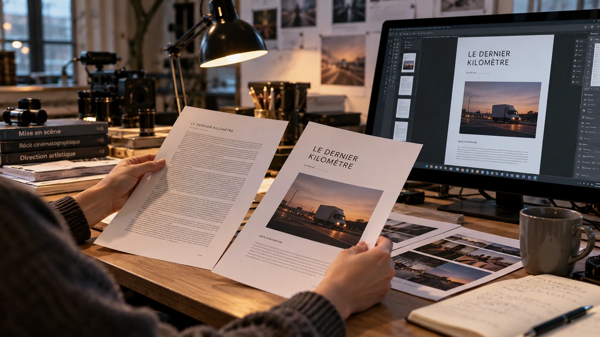Des mains examinent une version de lecture et les images associées au dossier.