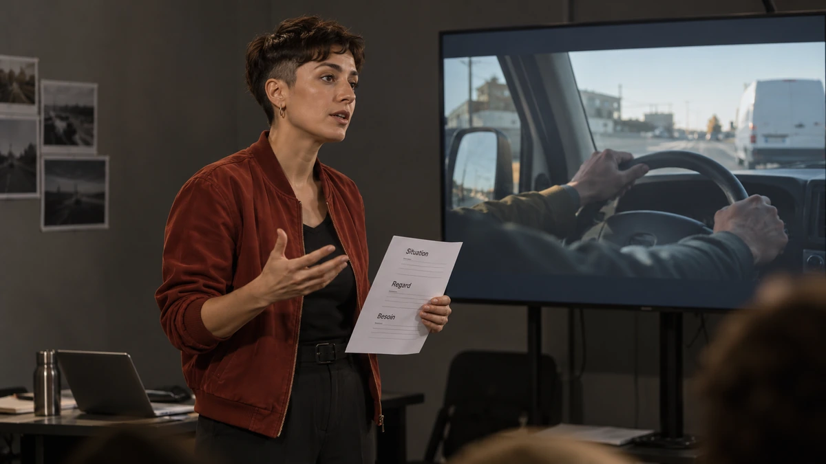 Une personne présente un projet de film devant une image et une petite salle.
