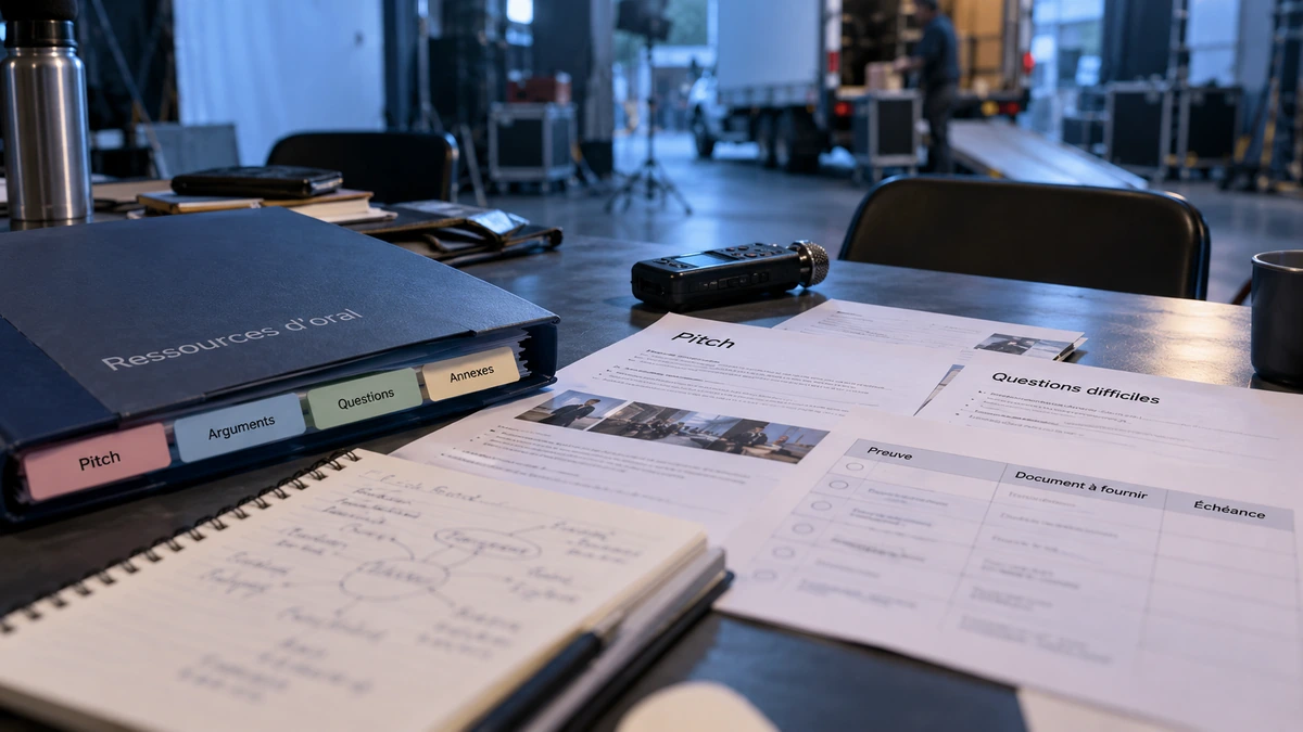 Un carnet de questions et des dossiers sont préparés dans une salle de réunion.