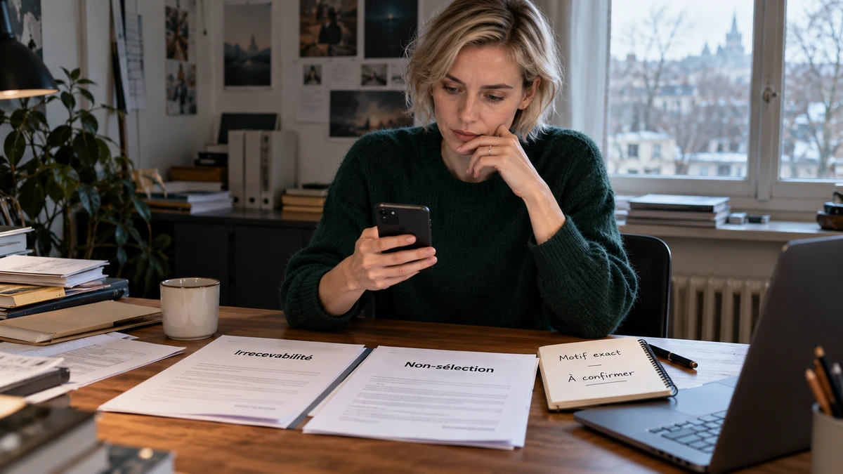 Une personne relit une notification et les documents du projet sur une table.