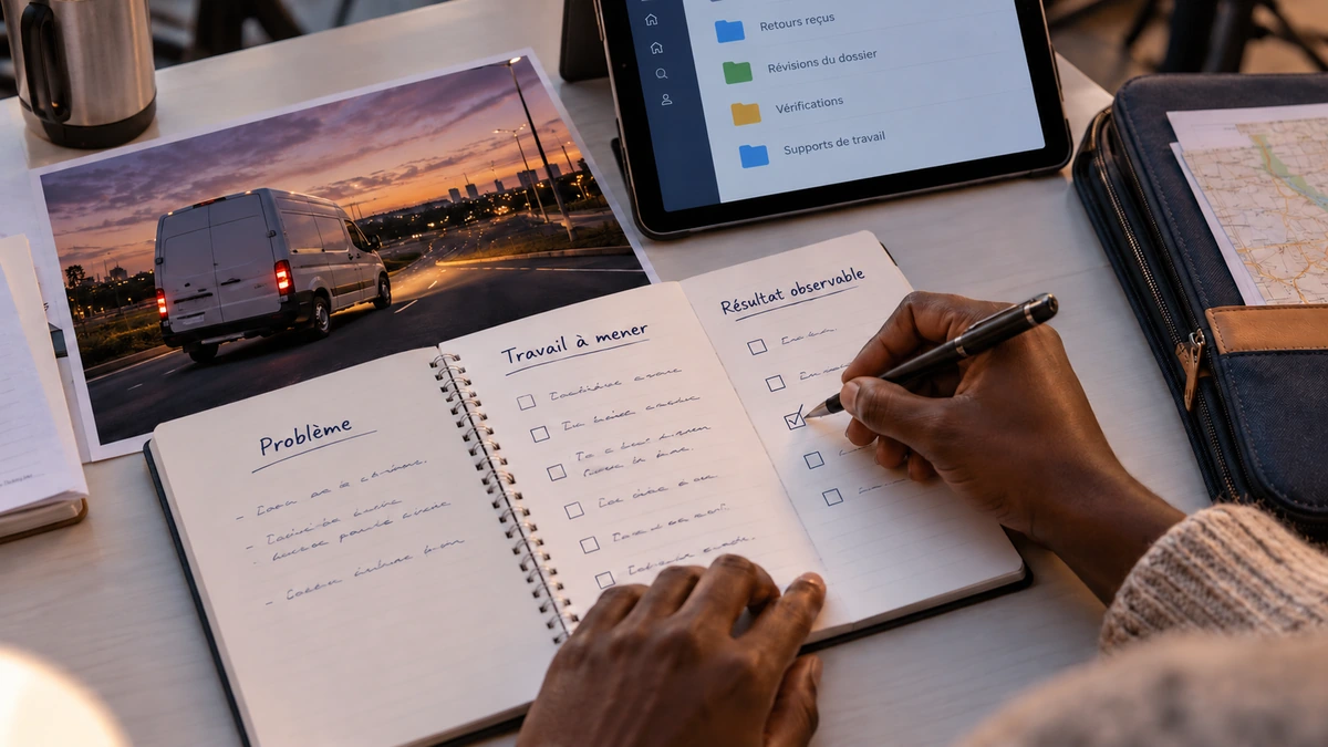 Des mains remplissent une note de révision avec les modifications du projet.