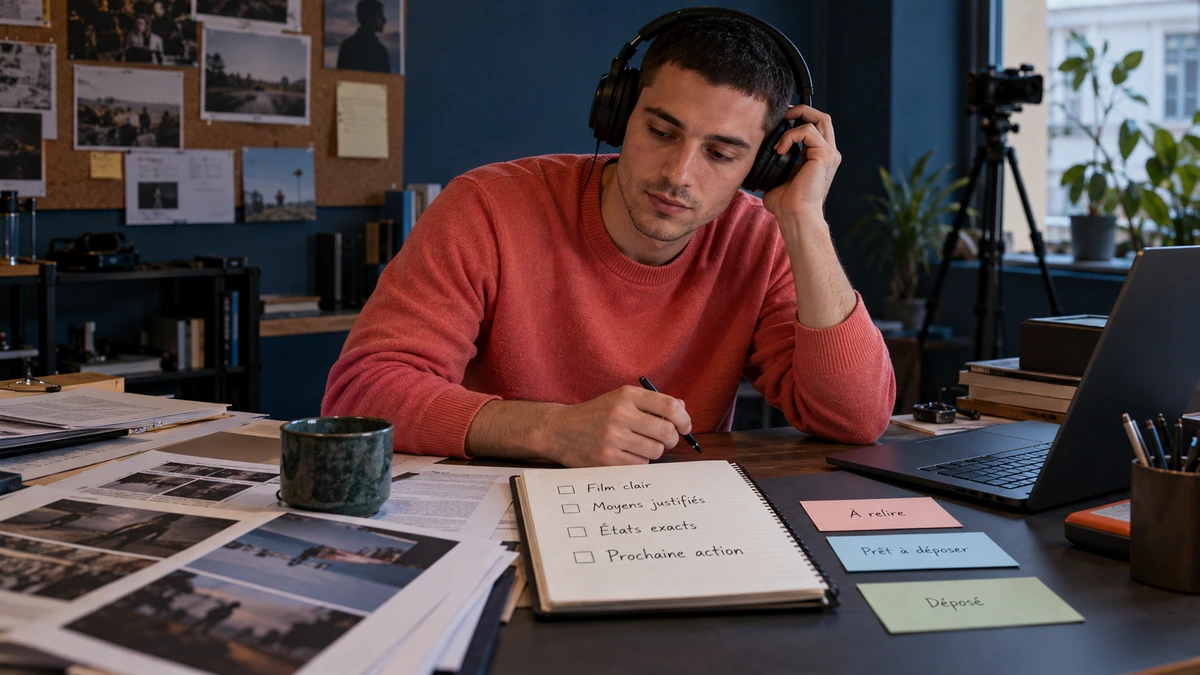 Une personne conserve dans un carnet les prochaines actions d’un film.
