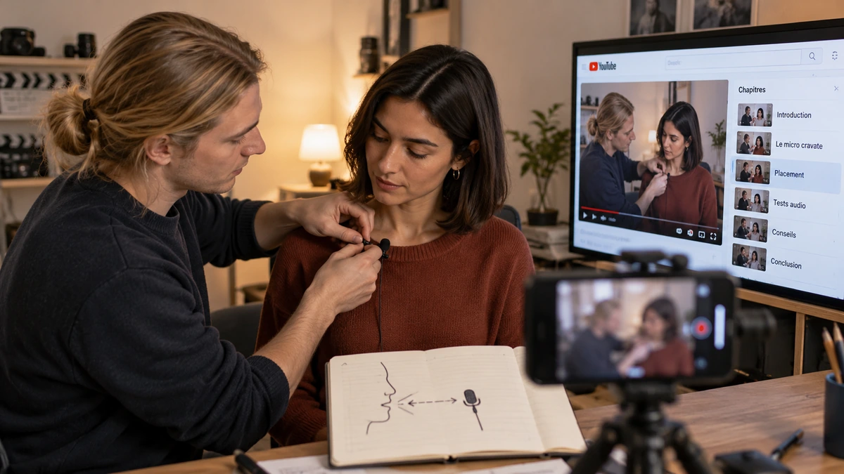 Deux personnes préparent le placement d’un microphone pour enregistrer une vidéo.
