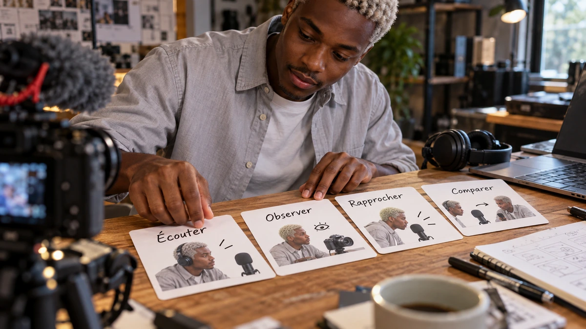 Une personne organise les images d’une progression sur une table de préparation.