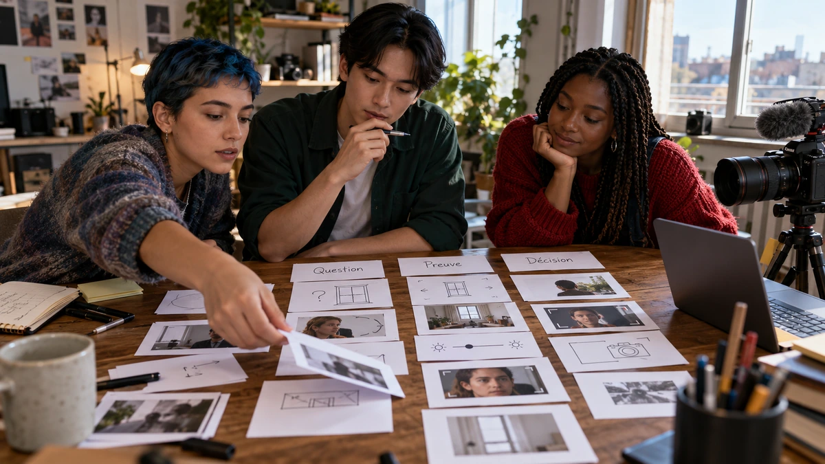 Trois personnes comparent des images et un conducteur de tournage.