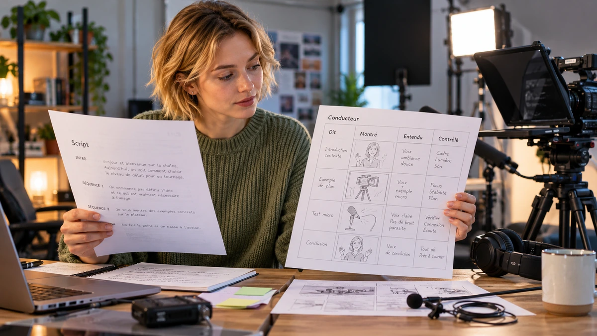 Une personne rapproche script, séquences et repères de préparation.