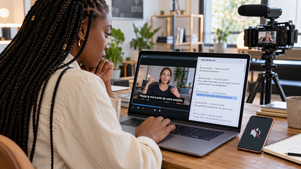 Une personne relit une transcription en regardant une vidéo d’entretien.