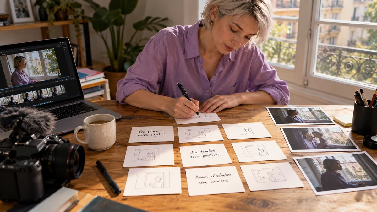 Une personne compare des propositions de titres et des images de tournage.