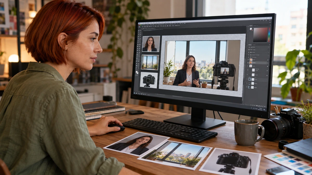 Une personne examine une interface de montage et des images sur son ordinateur.