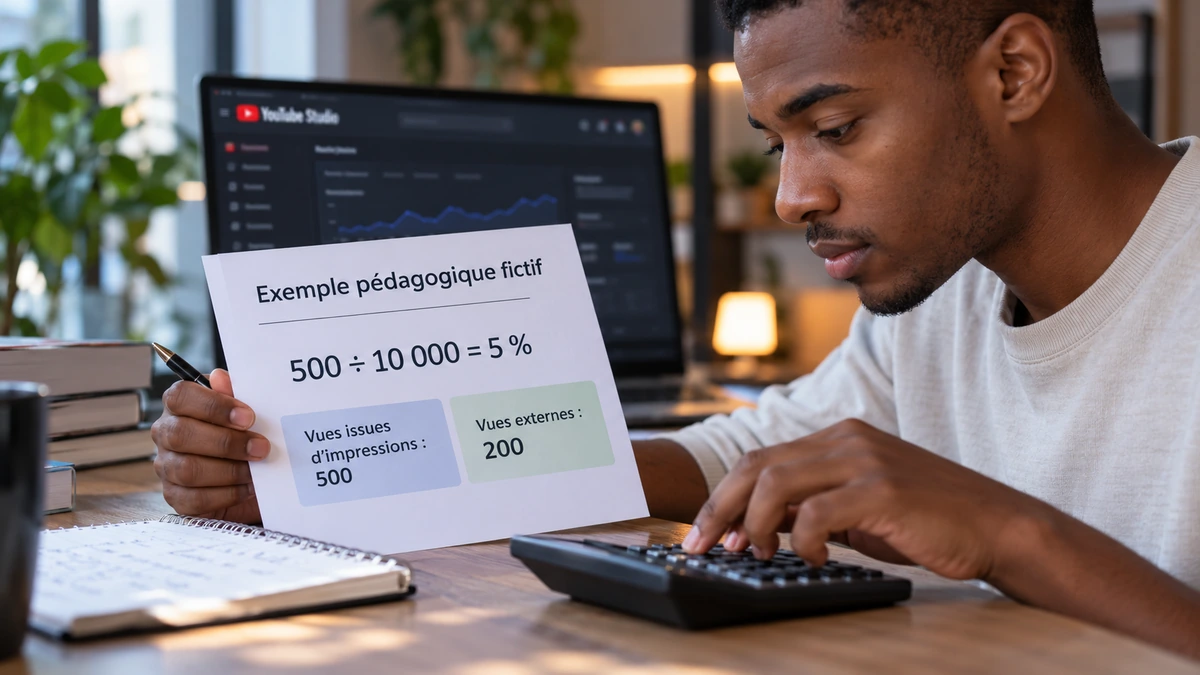 Une personne calcule un exemple pédagogique de taux de clics devant un écran.