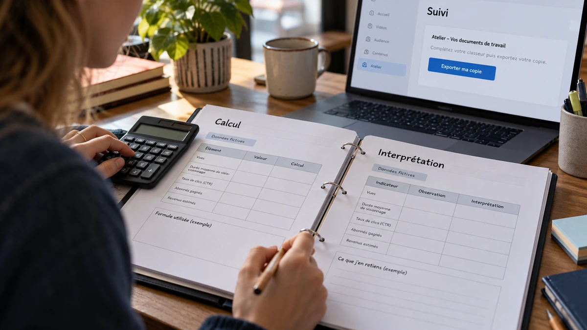 Des mains complètent une fiche de calcul et d’interprétation près d’un ordinateur.