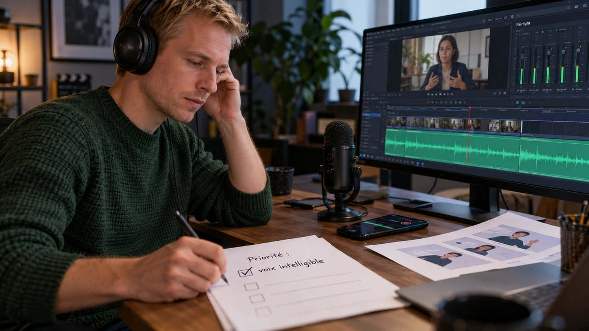 Une personne au casque compare une séquence et ses notes de correction.