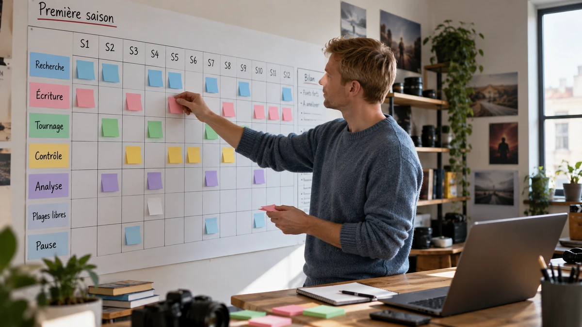 Une personne place des créneaux de production dans un calendrier mural.