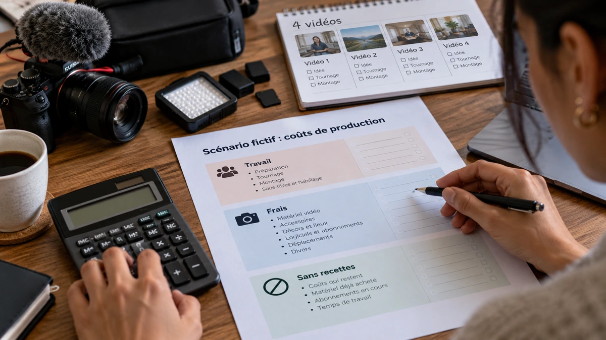 Des mains chiffrent un scénario de travail et de recettes sur une fiche.