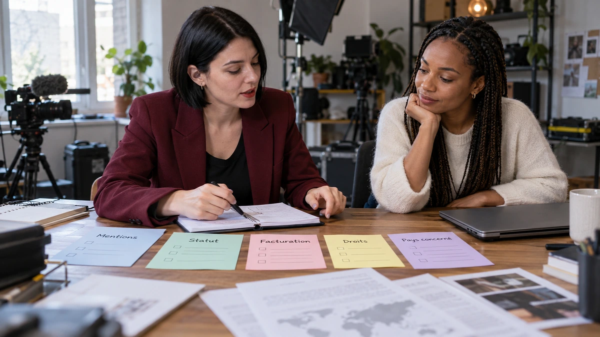 Deux personnes comparent des hypothèses de revenus et de travail de chaîne sur une table.