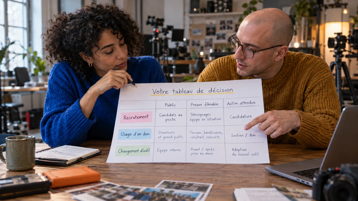 Deux personnes comparent des demandes de communication et leurs formats possibles.