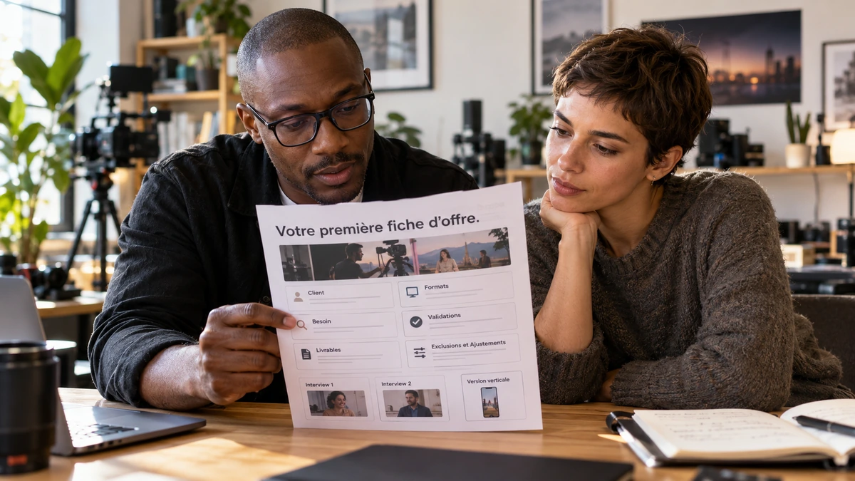 Deux personnes relisent une fiche d’offre vidéo autour d’une table.