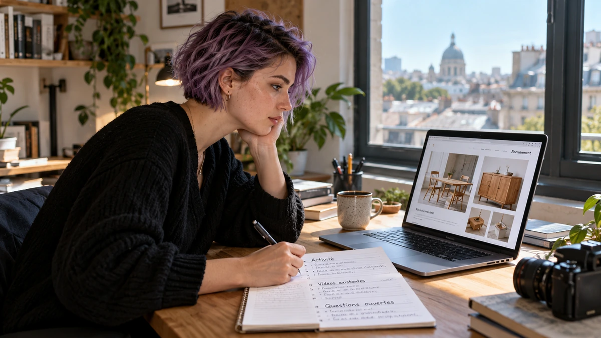 Une personne prépare un échange de découverte devant des documents et un ordinateur.